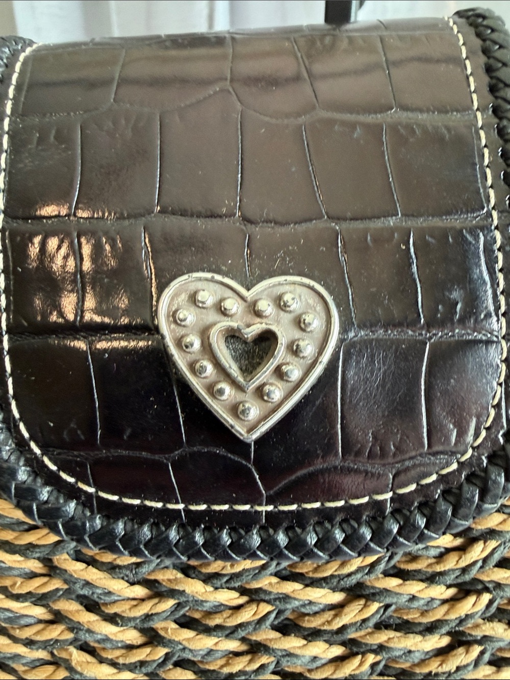 Brighton Black and Natural Braided Straw Shoulder Bag with Heart Charm - Picture 3 of 11